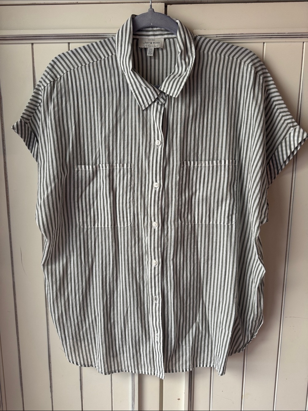 Lucky Brand Green & White Striped Short Sleeve Button-Down Shirt